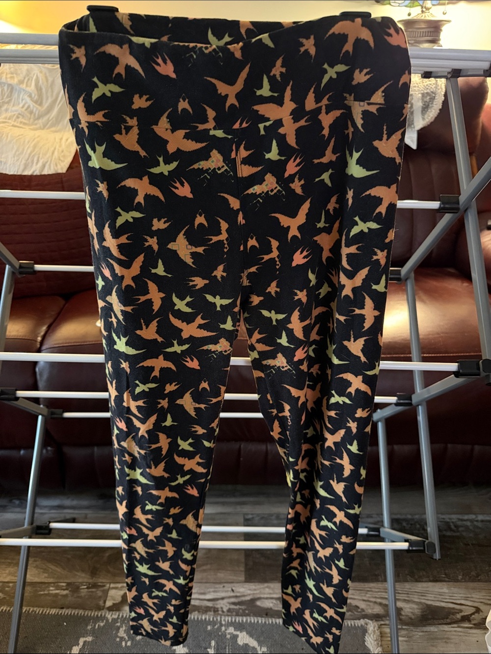 LuLaRoe Black Joggers with Orange and Light Green Bird Print